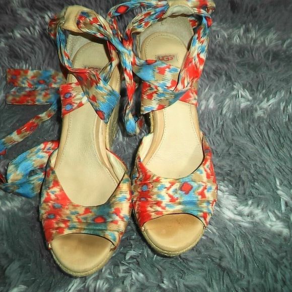 UGG OPEN TOE SANDALS ANKLE TIE WEDGES STRAPPY WRAP LUCIANNA HEELS~WOMENS SIZE 8 - Picture 4 of 9